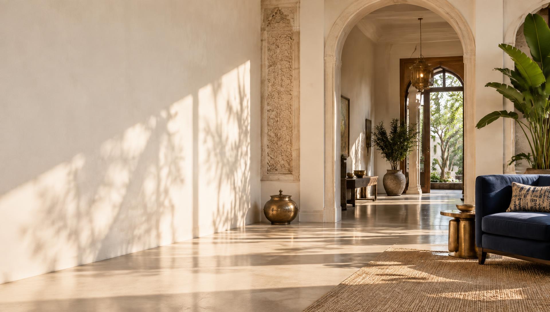 Sunlit, serene Indian-inspired residence with an arched passage and blue seating
